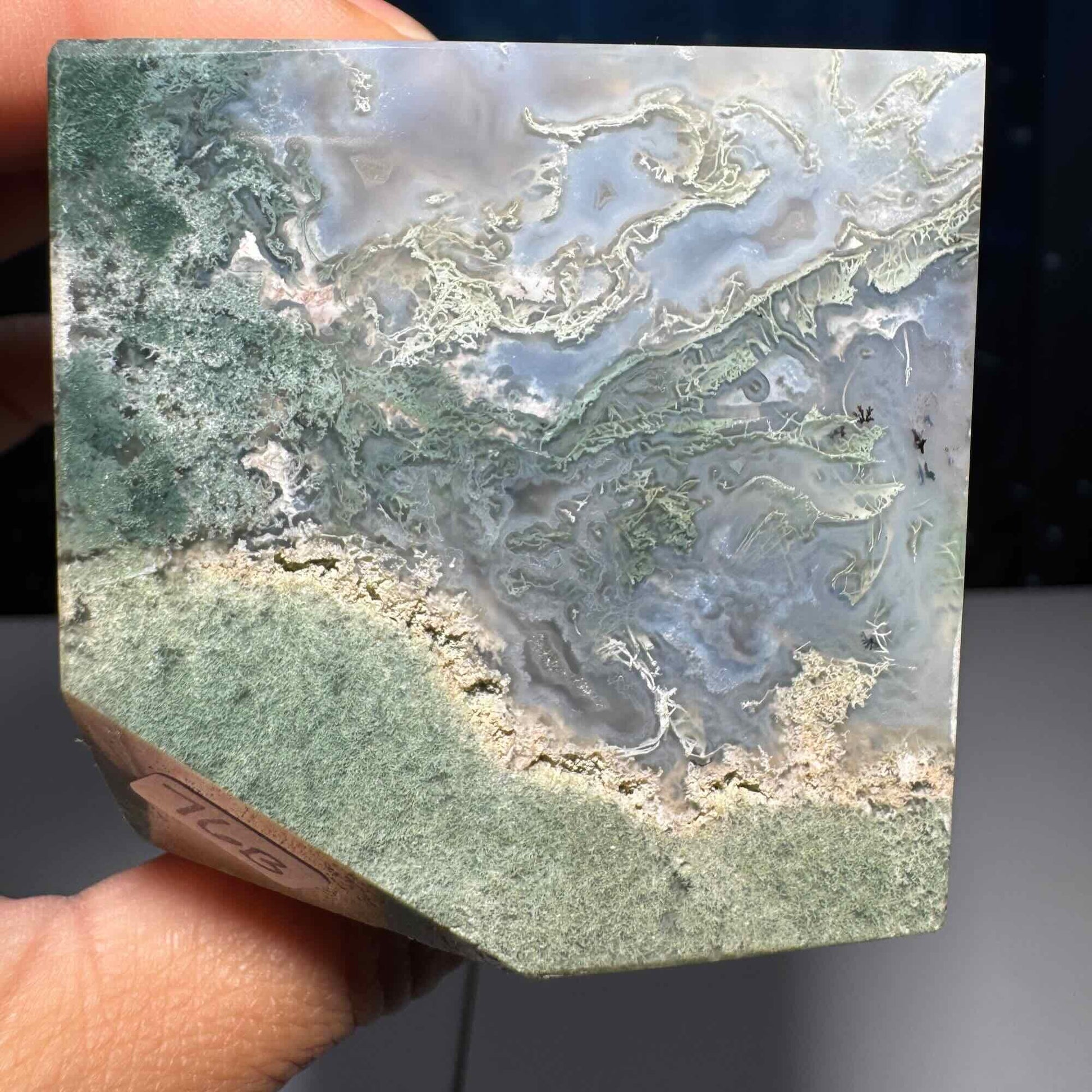 druzy Moss Agate cube | 2 1/4" long | 406 grams | green Moss Agate | floating cube