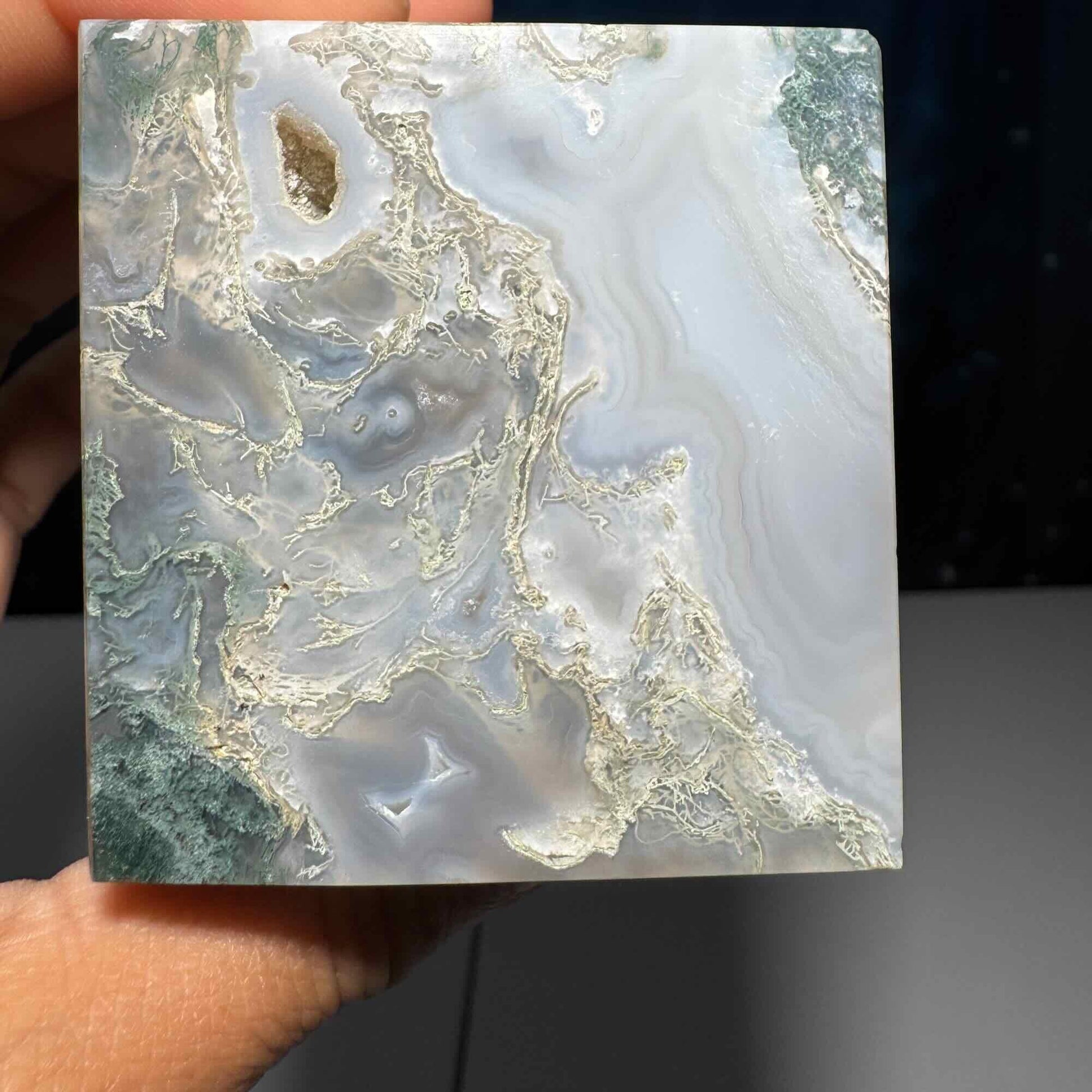 druzy Moss Agate cube | 2 1/4" long | 406 grams | green Moss Agate | floating cube