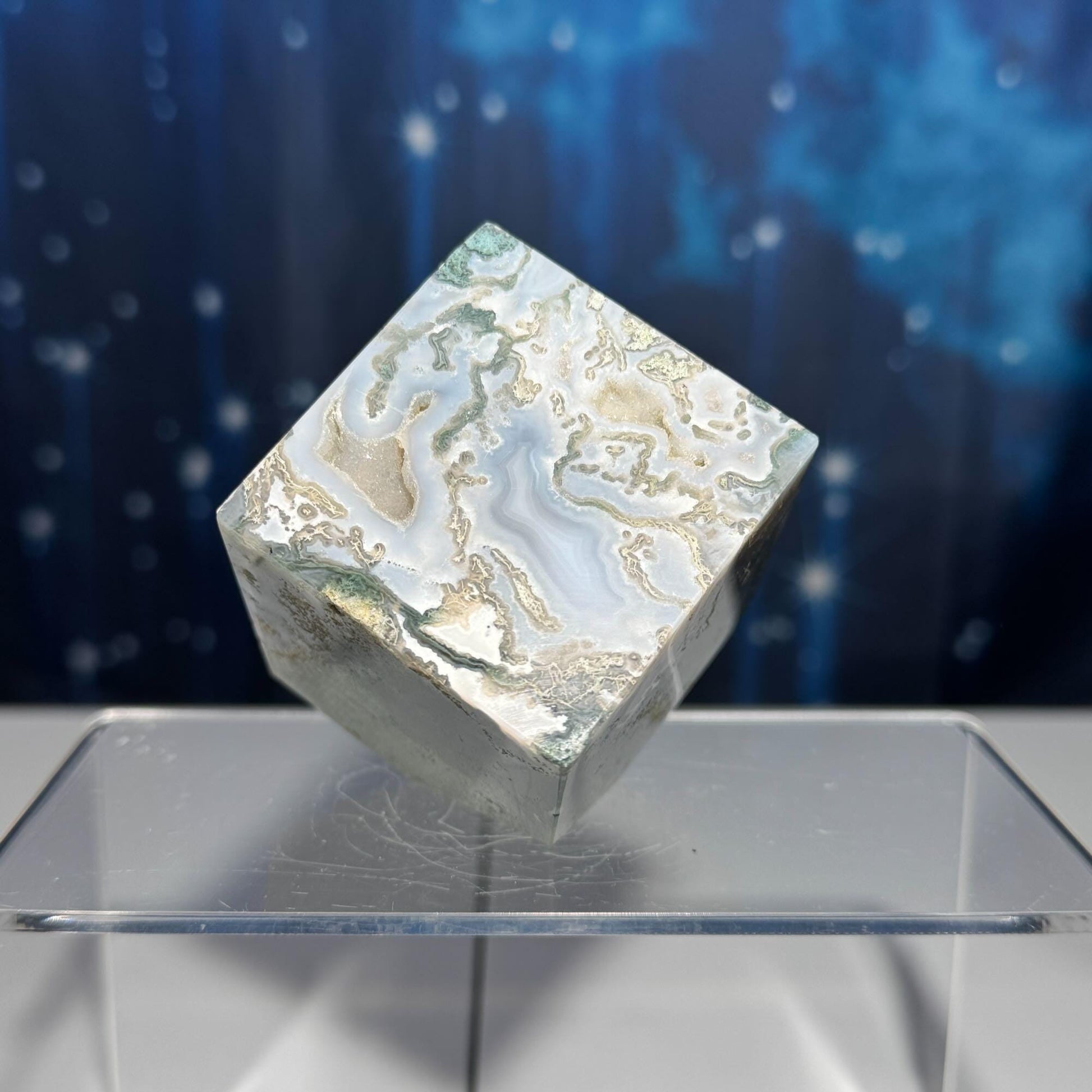 druzy Moss Agate cube | 2 1/4" long | 406 grams | green Moss Agate | floating cube