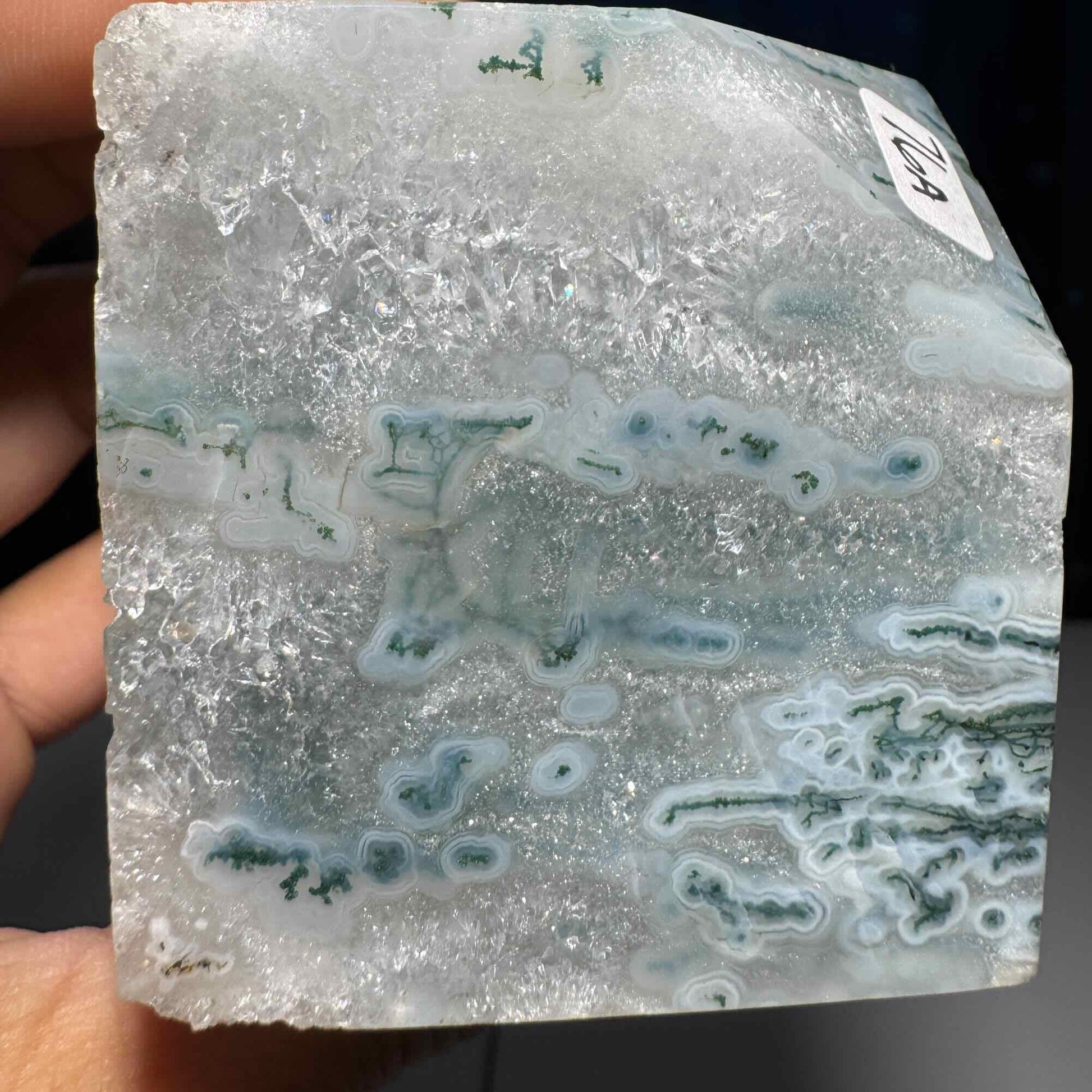 Moss Agate and Quartz cube | 2 1/4" long | 406 grams | floating cube | mini rainbows