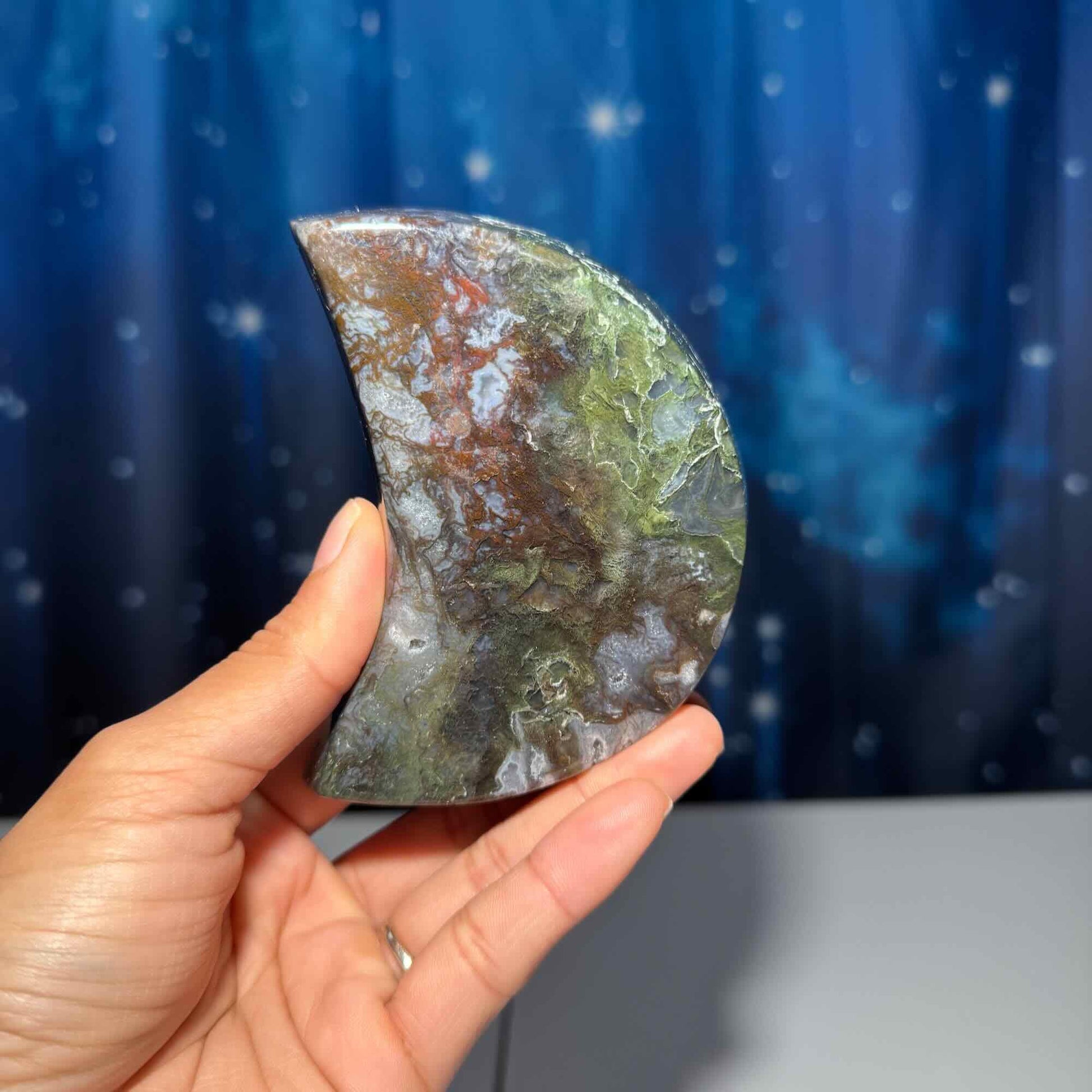 Moss Agate crescent moon bowl | 4" long | 250 grams | trinket dish |
