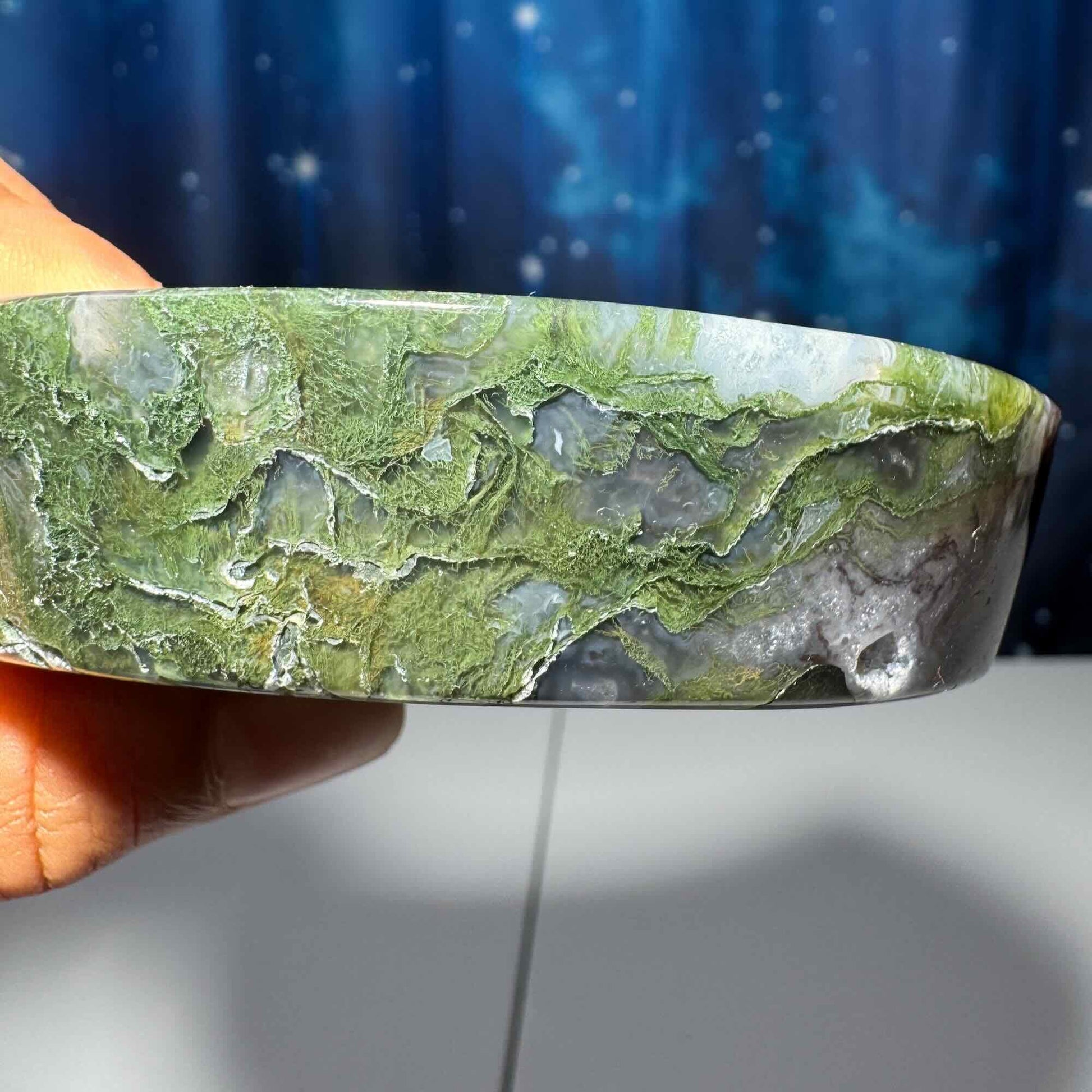 Moss Agate crescent moon bowl | 4" long | 250 grams | trinket dish |