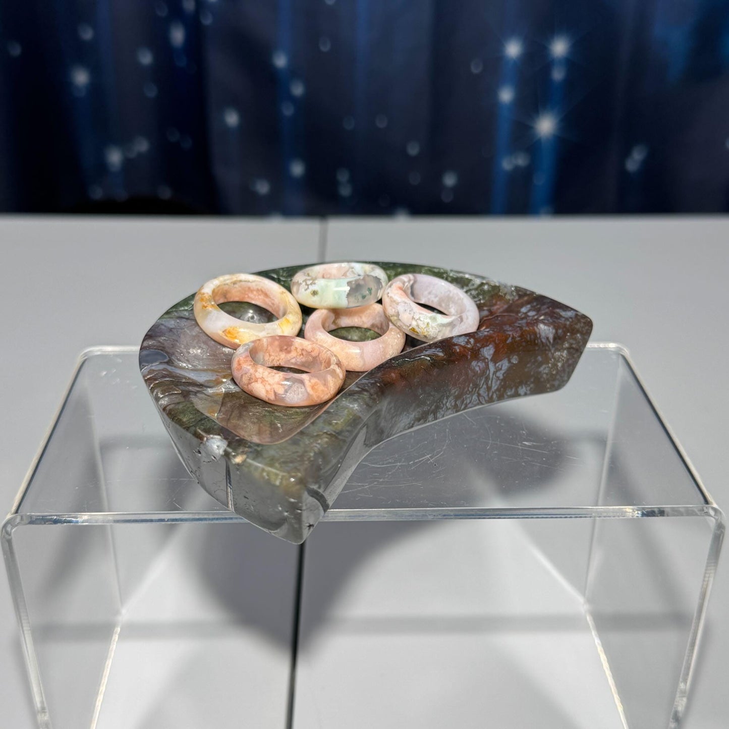 Moss Agate crescent moon bowl | 4" long | 250 grams | trinket dish |