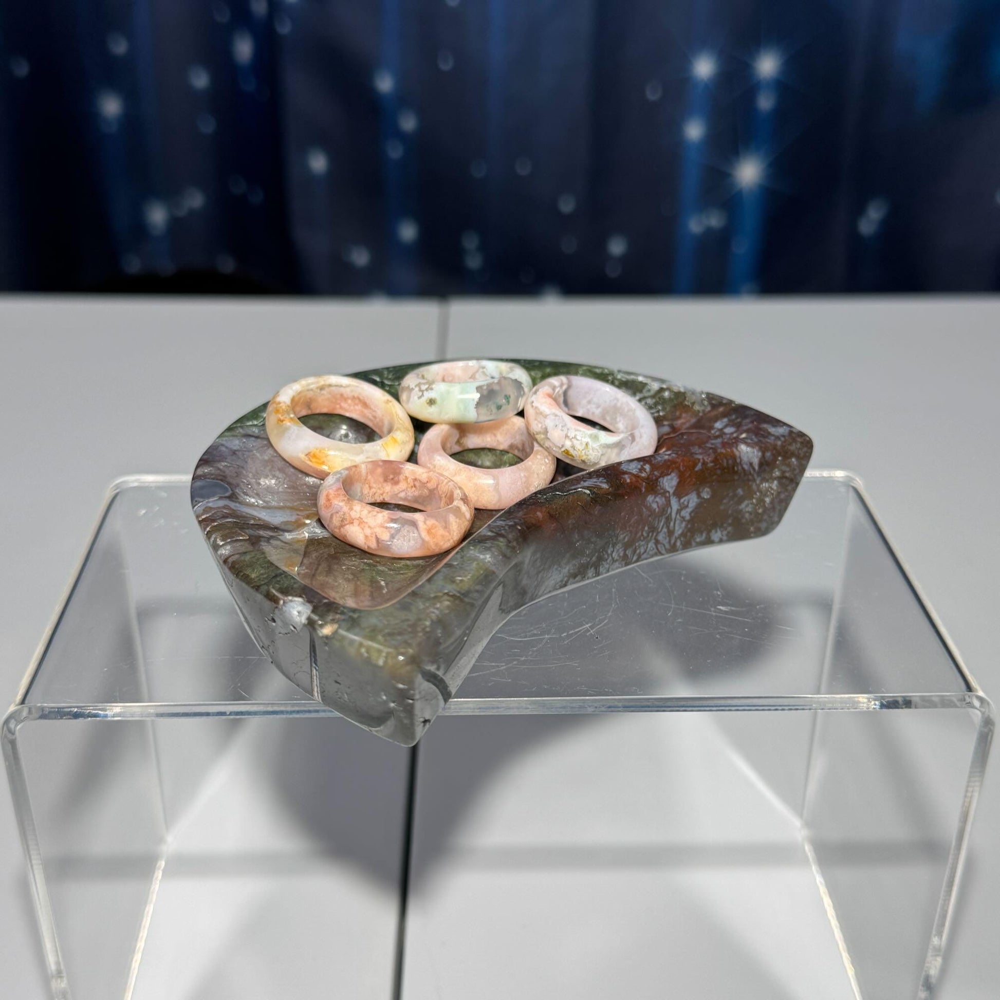 Moss Agate crescent moon bowl | 4" long | 250 grams | trinket dish |