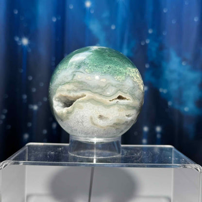 Large Moss Agate sphere | 83mm | 777 grams | Dendritic inclusions | druzy Moss Agate | stand included