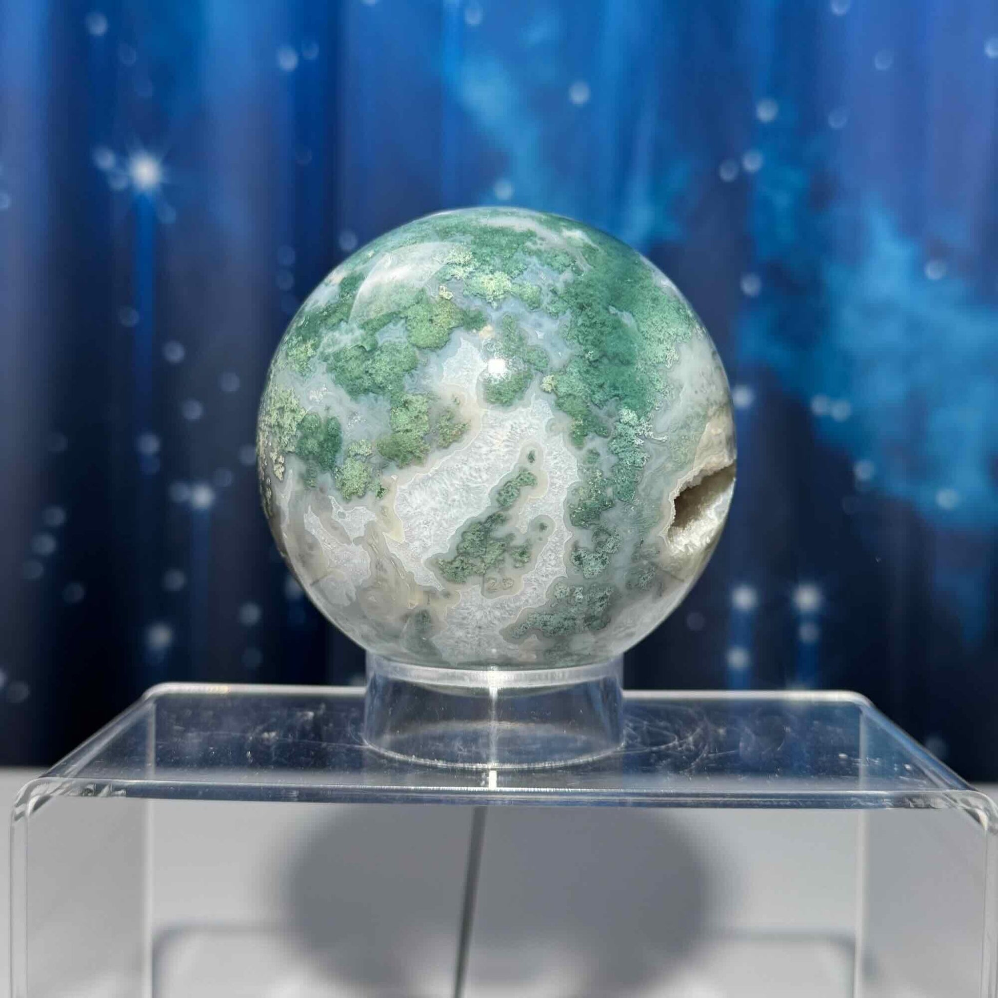 Large Moss Agate sphere | 83mm | 777 grams | Dendritic inclusions | druzy Moss Agate | stand included