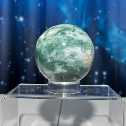 Large Moss Agate sphere | 83mm | 777 grams | Dendritic inclusions | druzy Moss Agate | stand included
