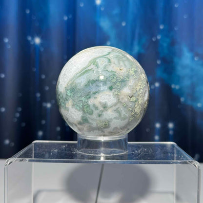 Large Moss Agate sphere | 83mm | 777 grams | Dendritic inclusions | druzy Moss Agate | stand included
