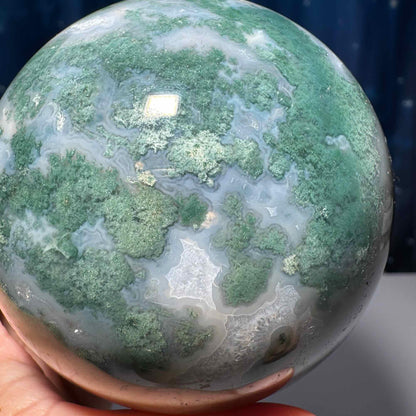 Large Moss Agate sphere | 83mm | 777 grams | Dendritic inclusions | druzy Moss Agate | stand included