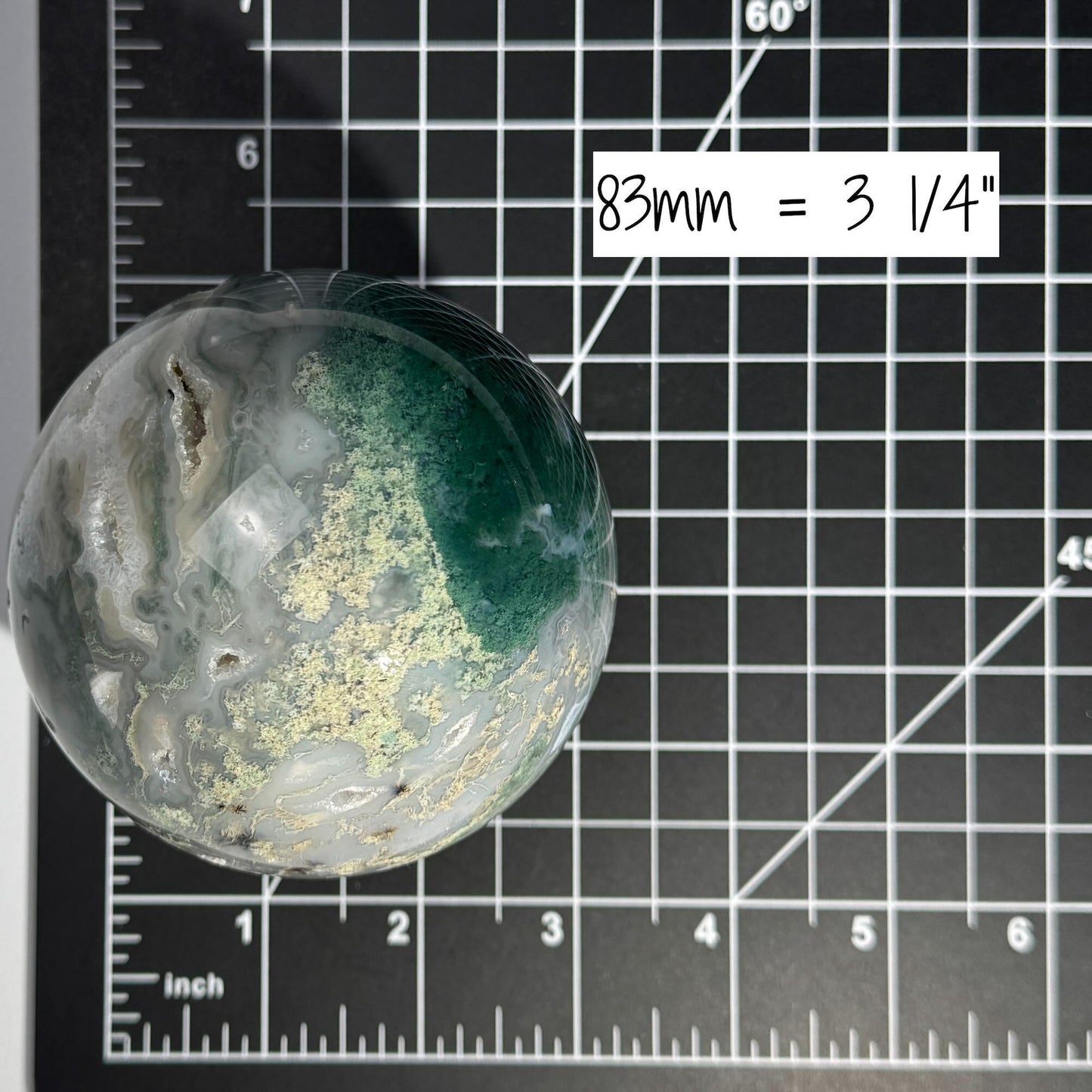 Large Moss Agate sphere | 83mm | 777 grams | Dendritic inclusions | druzy Moss Agate | stand included