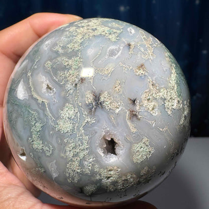 Large Moss Agate sphere | 83mm | 777 grams | Dendritic inclusions | druzy Moss Agate | stand included