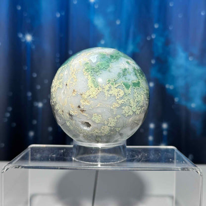Large Moss Agate sphere | 83mm | 777 grams | Dendritic inclusions | druzy Moss Agate | stand included