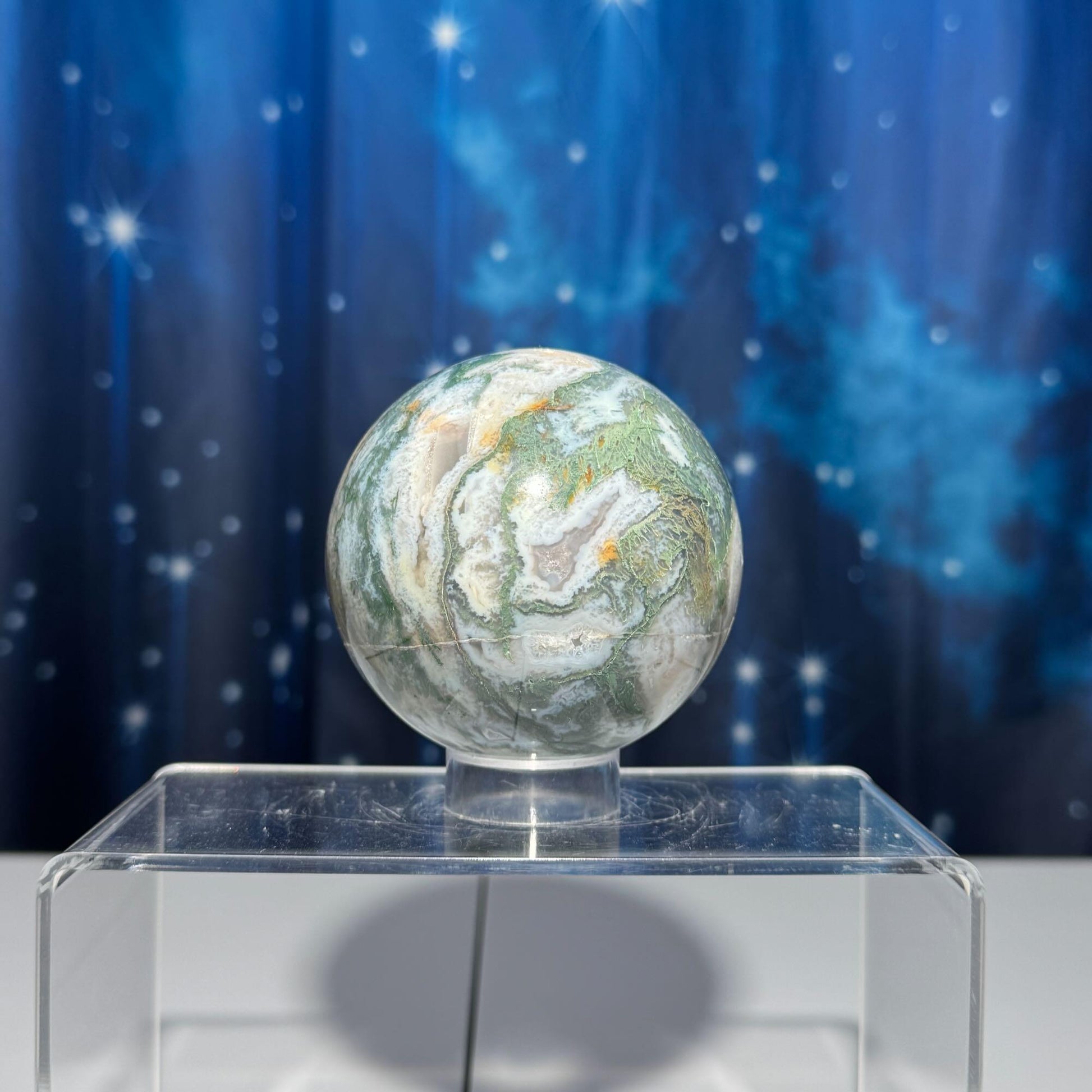 Large Moss Agate sphere | 77mm | 621 grams | stand included