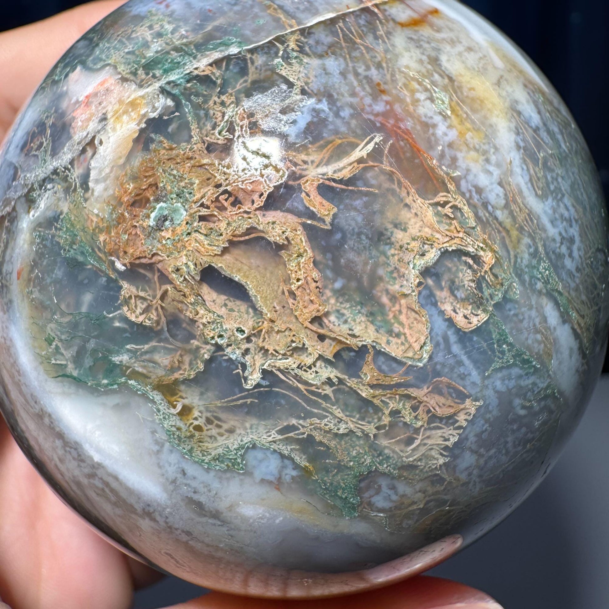 Large Moss Agate sphere | 77mm | 621 grams | stand included