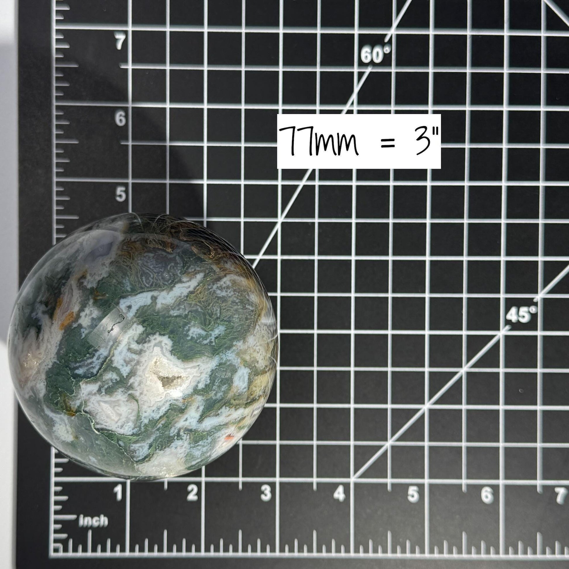 Large Moss Agate sphere | 77mm | 621 grams | stand included