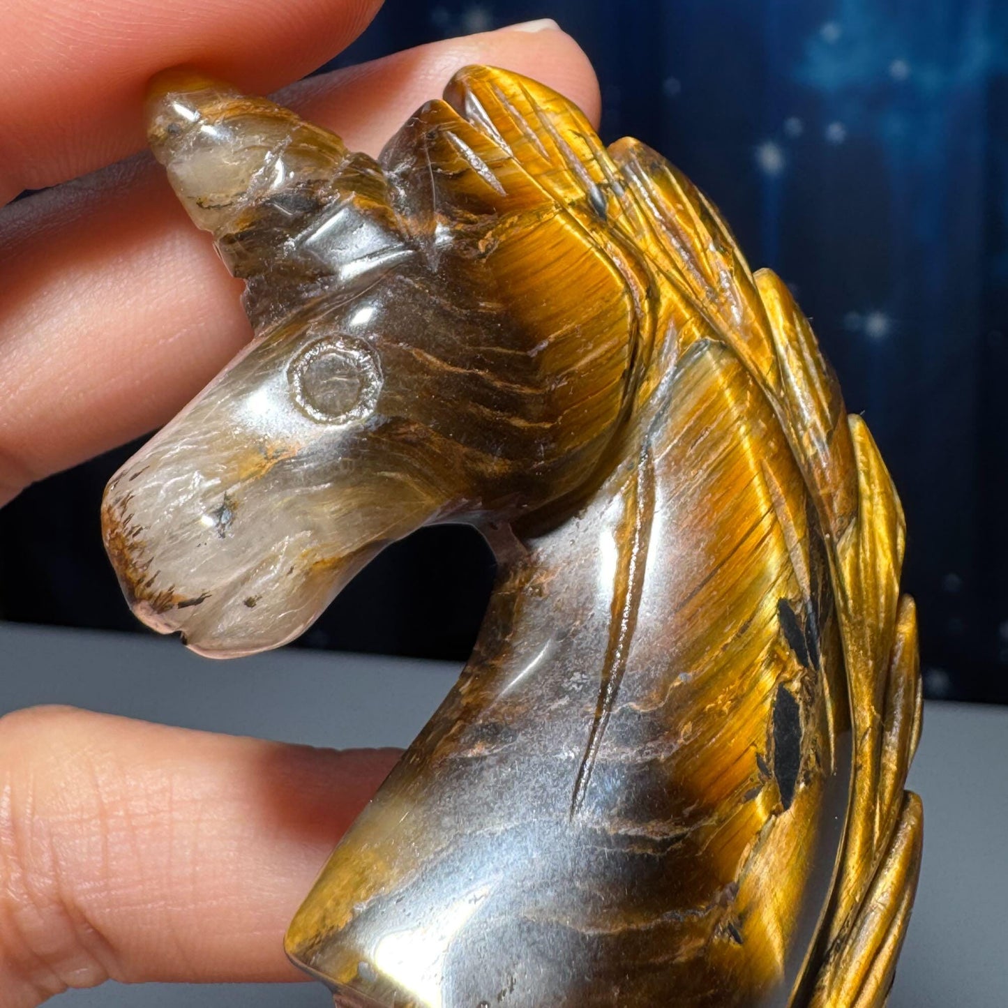 Yellow Tiger's Eye unicorn carving | 2 1/8" tall | 52 grams | flashy Tiger's Eye