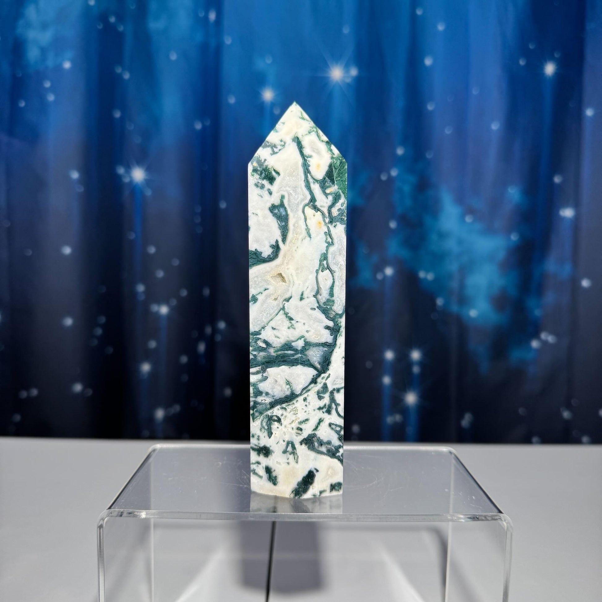 large Moss Agate tower | 6” tall | 485 grams | with Druze | druzy pockets | milky Moss Agate | Quartz Moss Agate | Damage Discount