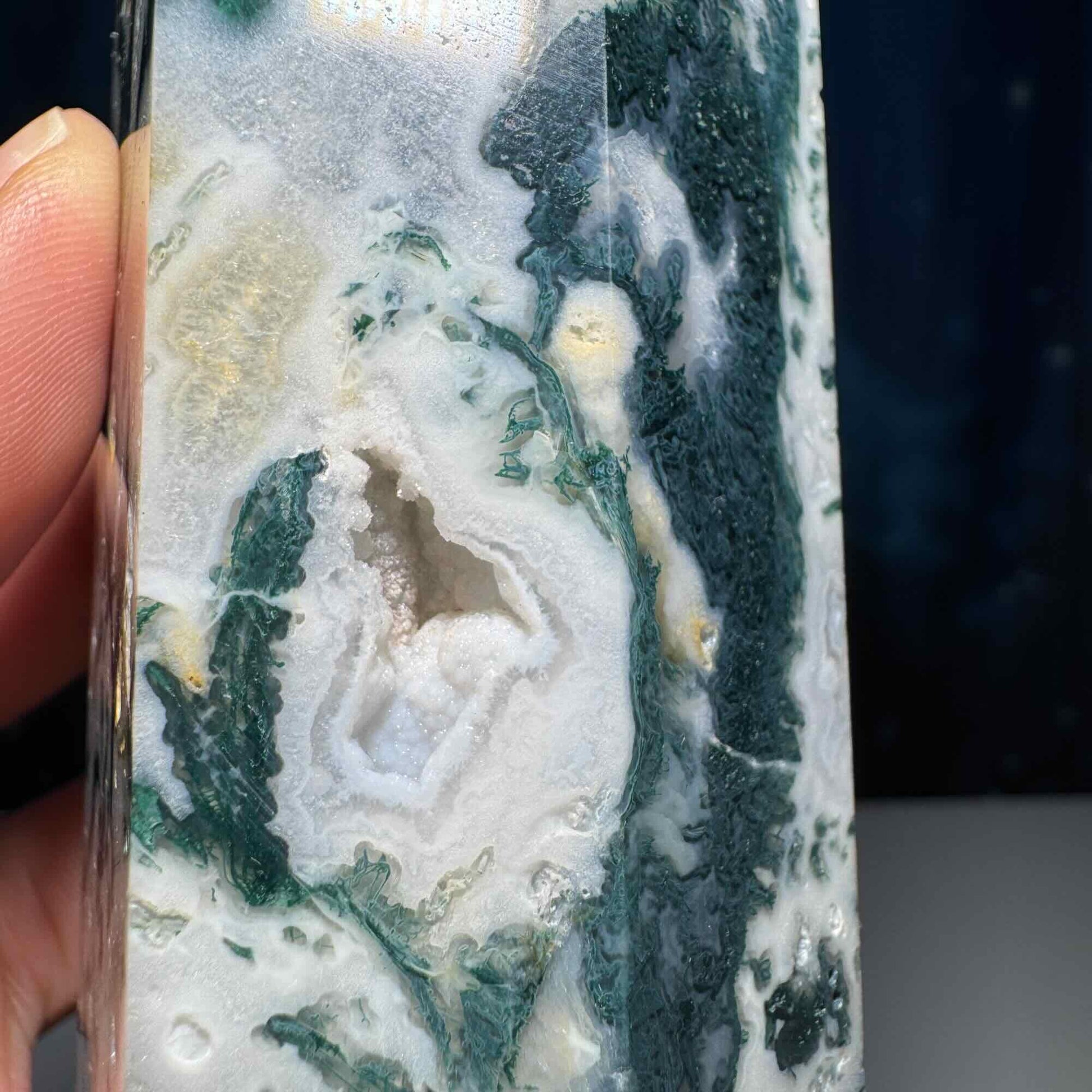 large Moss Agate tower | 6” tall | 485 grams | with Druze | druzy pockets | milky Moss Agate | Quartz Moss Agate | Damage Discount