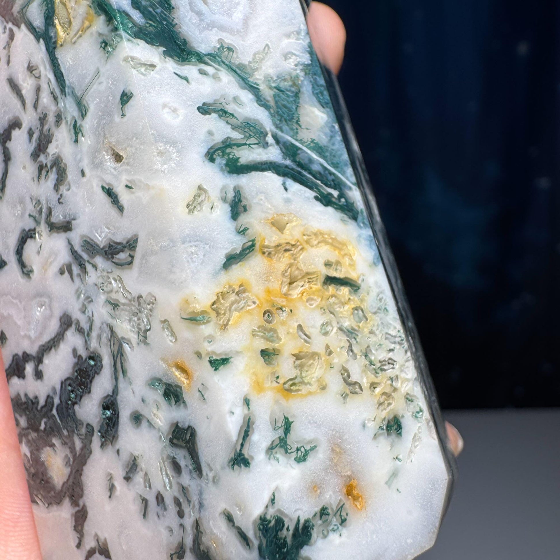 large Moss Agate tower | 6” tall | 485 grams | with Druze | druzy pockets | milky Moss Agate | Quartz Moss Agate | Damage Discount