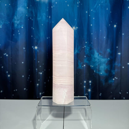 XL pink Mangano Calcite tower | 9 5/8” tall | 1.443 kilograms | Damage Discount | UV reactive | pink Banded Calcite tower