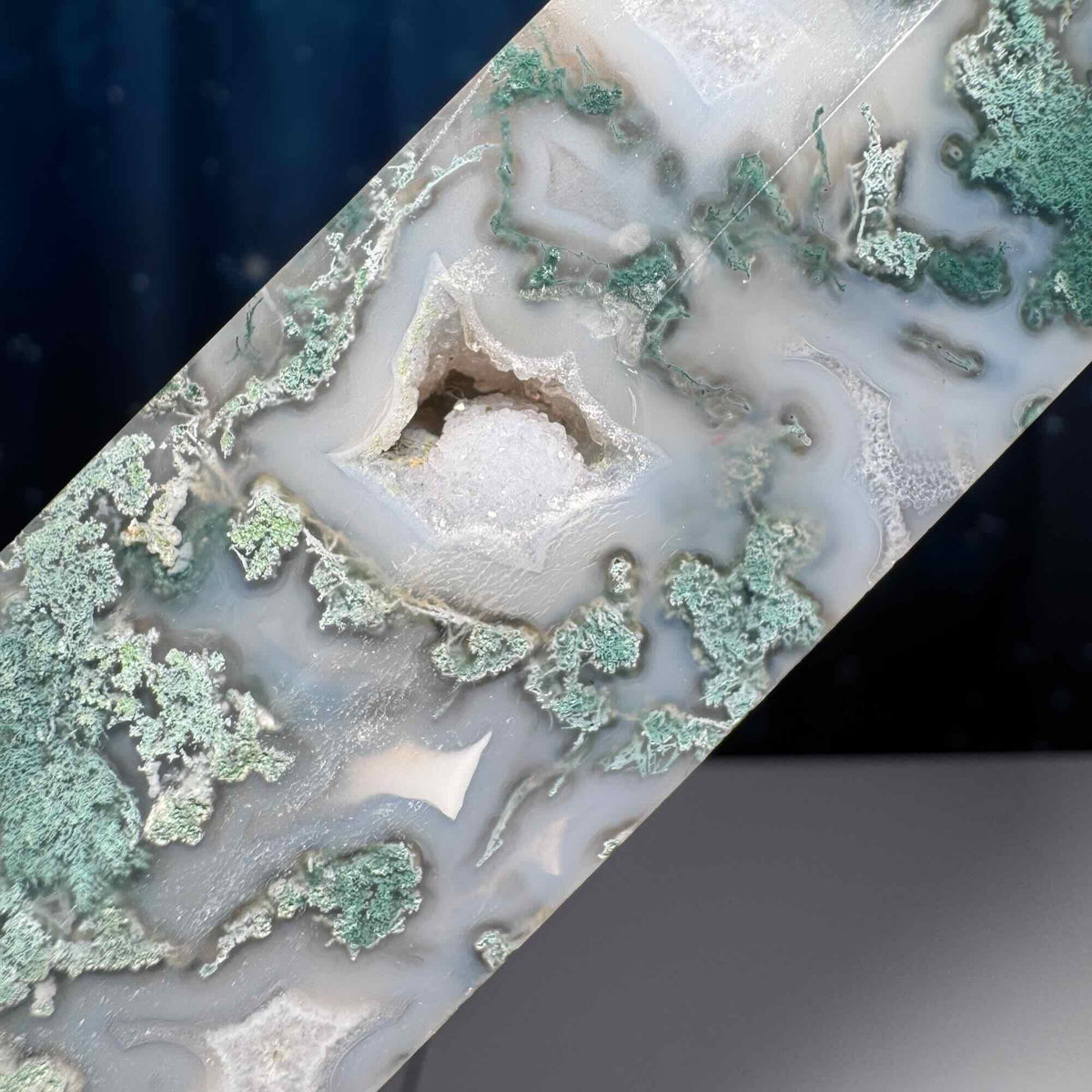 large druzy Moss Agate DT | 8 3/4" long | 519 grams | gorgeous Moss Agate DT | double terminated | green Moss Agate DT