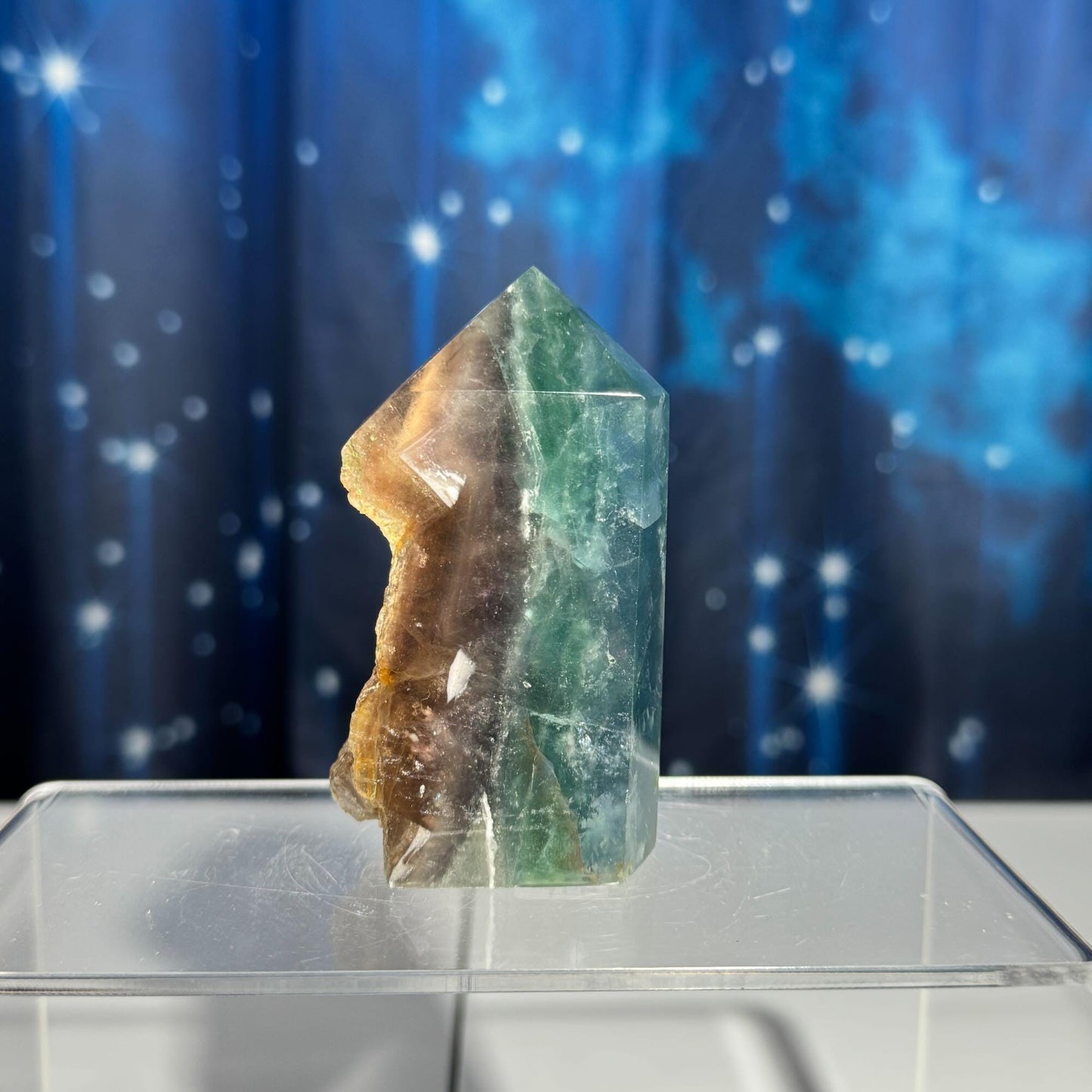 Rainbow Fluorite point | raw side | 3 1/4" tall | 232 grams | banded Fluorite | semi polished point