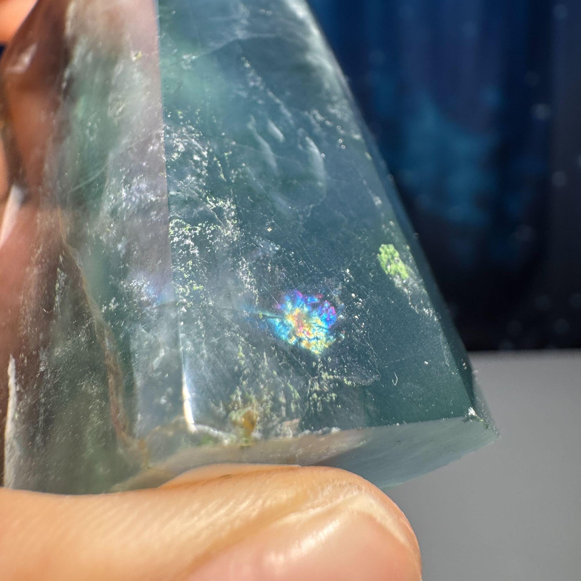 Rainbow Fluorite point | raw side | 3 1/4" tall | 232 grams | banded Fluorite | semi polished point