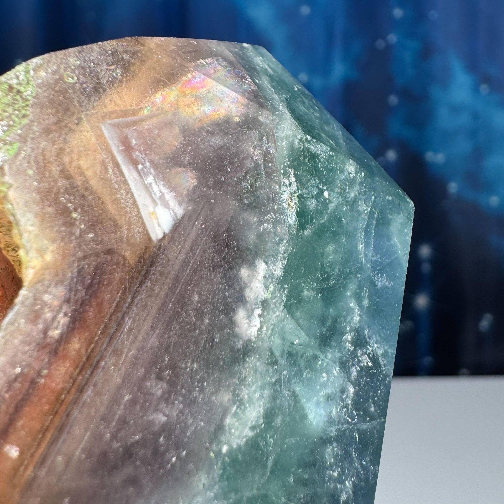 Rainbow Fluorite point | raw side | 3 1/4" tall | 232 grams | banded Fluorite | semi polished point