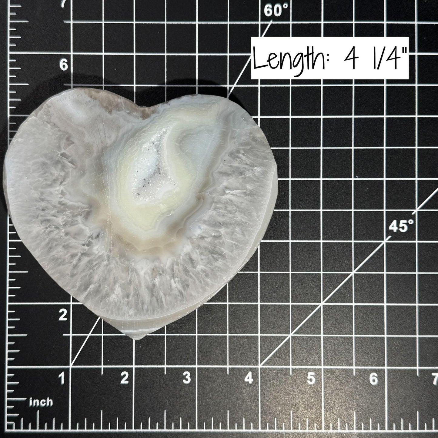 Druzy Agate heart carving | 4 1/4" long | 235 grams | Agate with Quartz | stand included