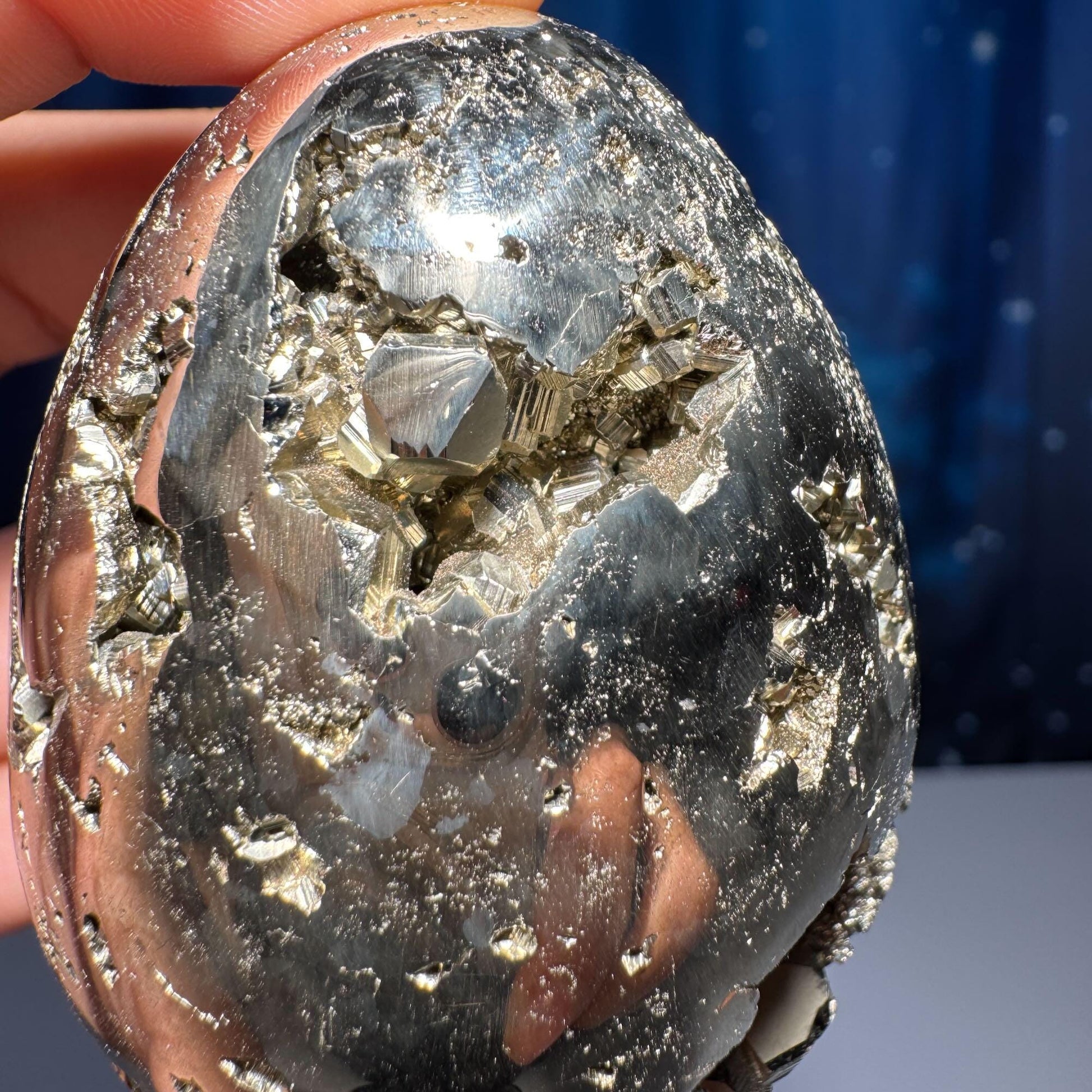 Peruvian Pyrite egg | 2 5/8” tall | 346 grams | cubic Pyrite | stand included