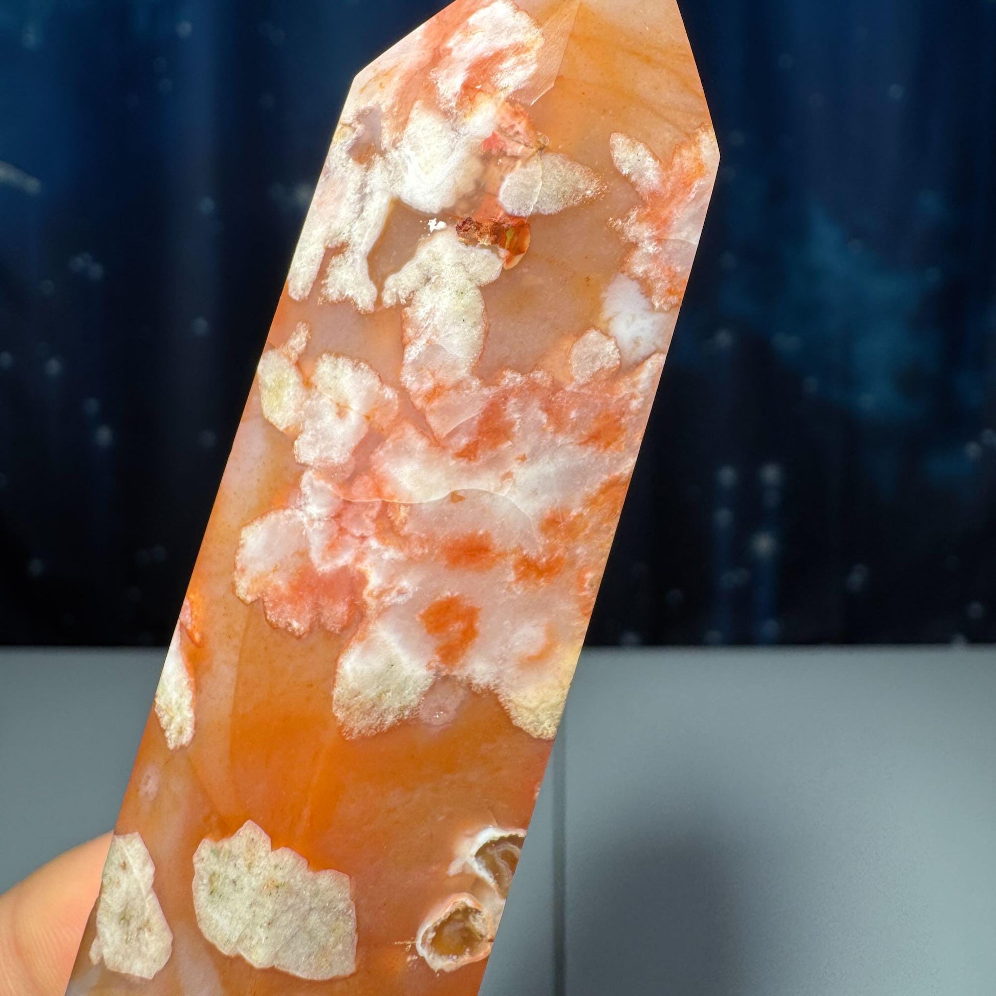 Flower Agate x Carnelian point | 3 3/4” | 136 grams | Damage Discount