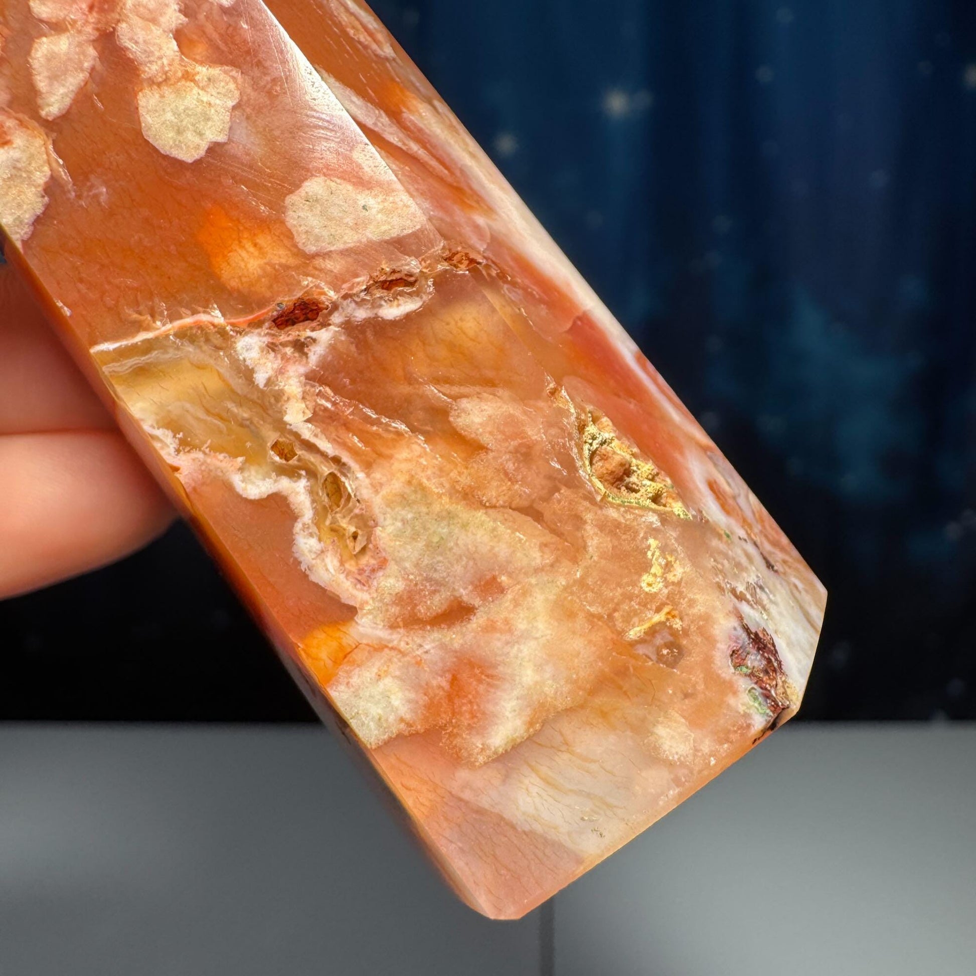 Flower Agate x Carnelian point | 3 3/4” | 136 grams | Damage Discount