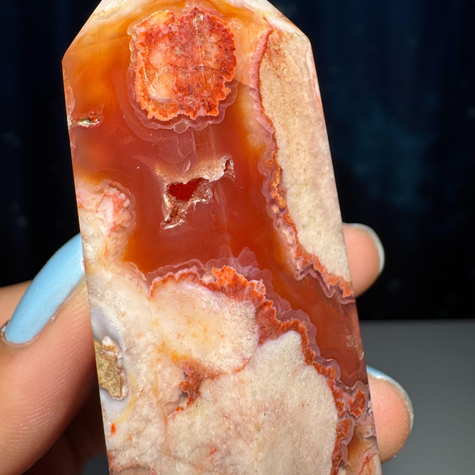 Druzy Flower Agate x Carnelian point | 4 5/8” tall | 170 grams | Damage Discount