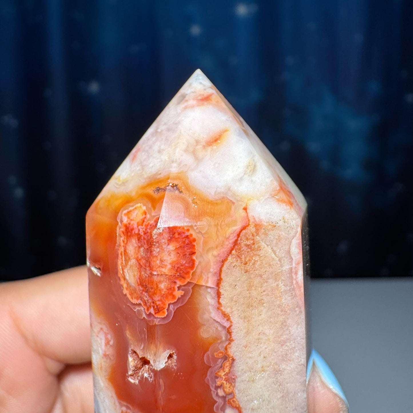 Druzy Flower Agate x Carnelian point | 4 5/8” tall | 170 grams | Damage Discount