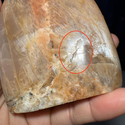 flashy Peach Moonstone free form | 4" tall | 462 grams | dual flash | Damage Discount