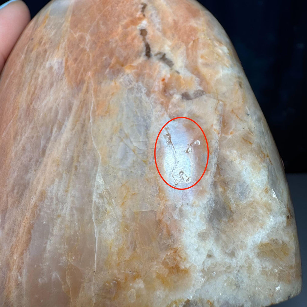 flashy Peach Moonstone free form | 4" tall | 462 grams | dual flash | Damage Discount