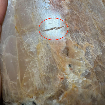 flashy Peach Moonstone free form | 4" tall | 462 grams | dual flash | Damage Discount