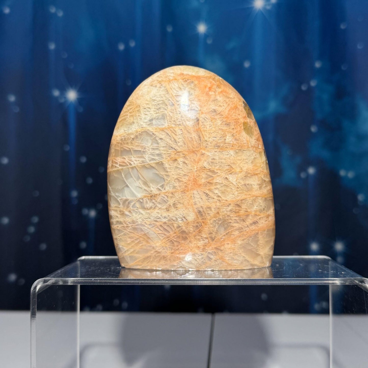 flashy Peach Moonstone free form | 4" tall | 434 grams | dual flash | Damage Discount