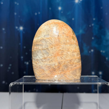 flashy Peach Moonstone free form | 4" tall | 434 grams | dual flash | Damage Discount