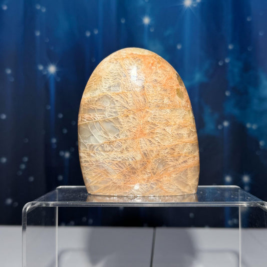 flashy Peach Moonstone free form | 4" tall | 434 grams | dual flash | Damage Discount
