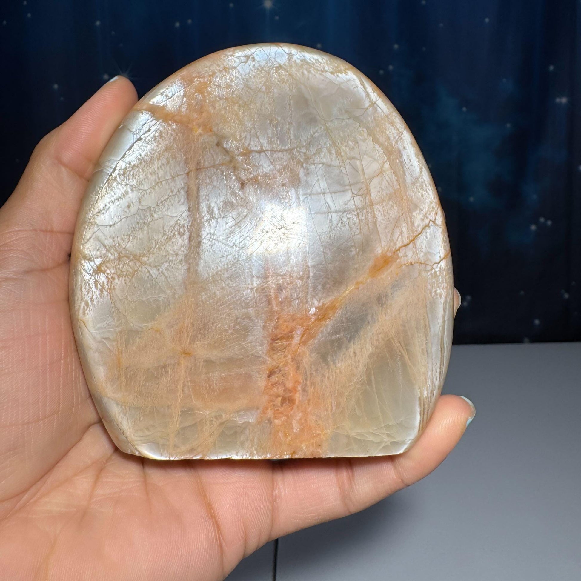 flashy Peach Moonstone free form | 4 1/8" tall | 516 grams | dual flash | Damage Discount