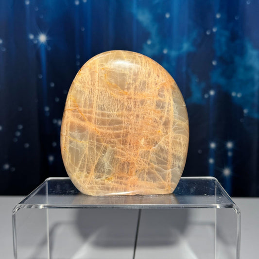 flashy Peach Moonstone free form | 4 1/8" tall | 516 grams | dual flash | Damage Discount