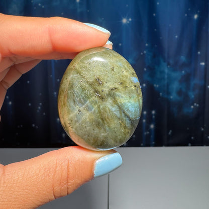 Labradorite palm stone | 1 7/8” long | 76 grams | blue flash | yellow flash | silver flash | orange flash