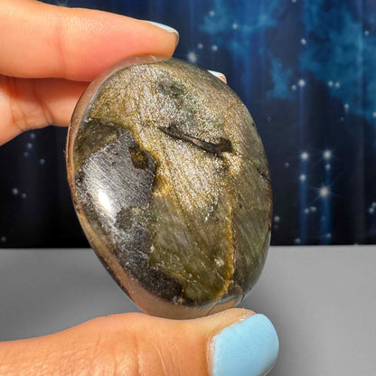 Flashy Labradorite palm stone | 2 1/8” long | 70 grams | silver flash | orange flash | blue flash | yellow flash | pink flash | purple flash