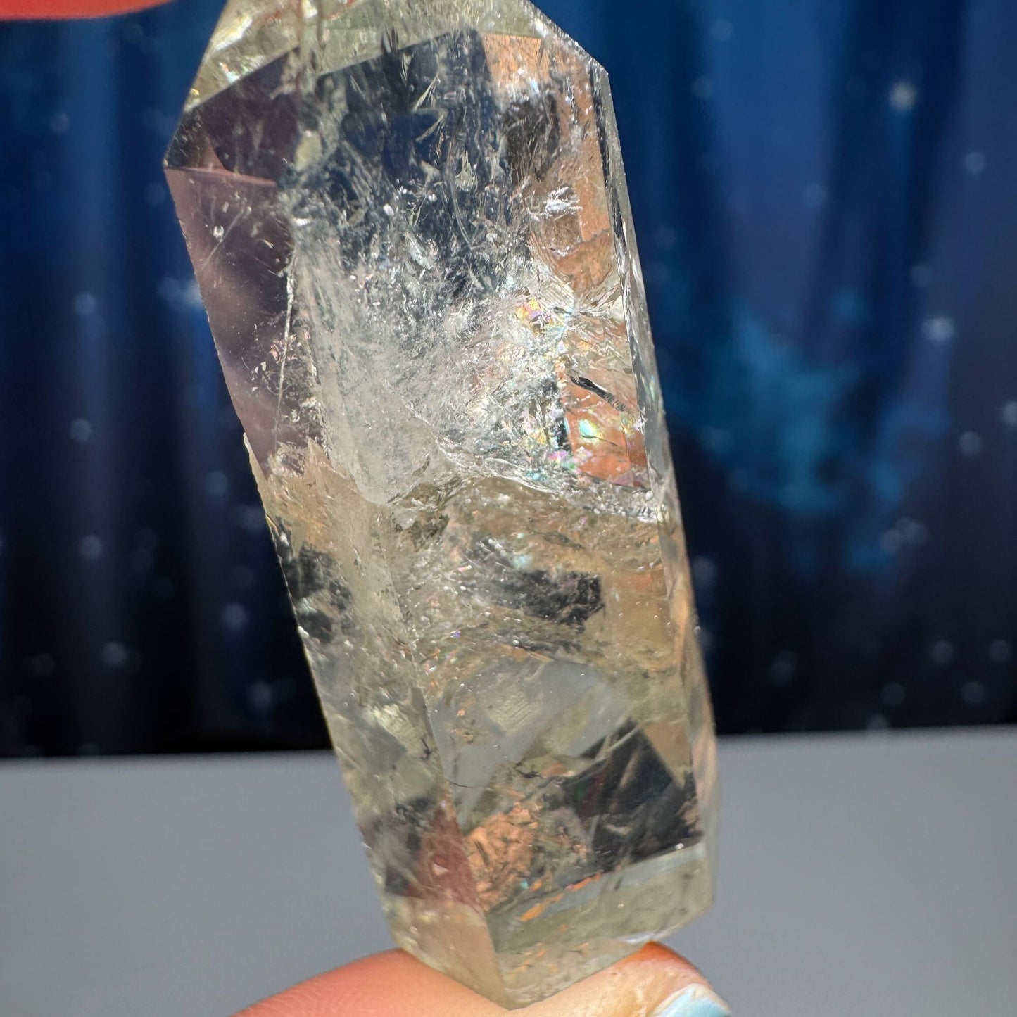 Prasiolite mini point | 2 1/8” tall | 25 grams | with rainbows | heat-treated Amethyst | Damage Discount