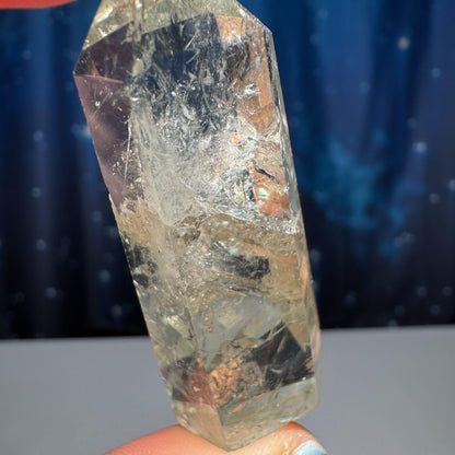 Prasiolite mini point | 2 1/8” tall | 25 grams | with rainbows | heat-treated Amethyst | Damage Discount