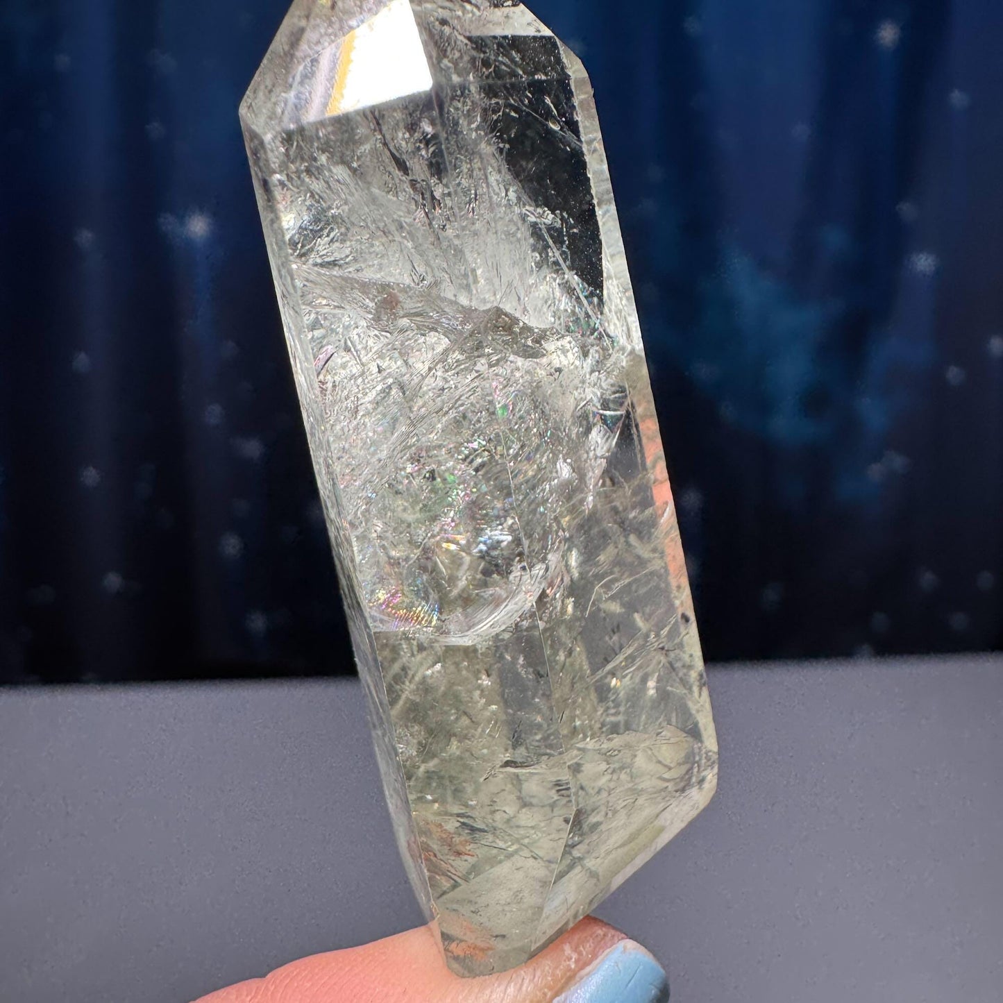 Prasiolite mini point | 2 1/8” tall | 25 grams | with rainbows | heat-treated Amethyst | Damage Discount