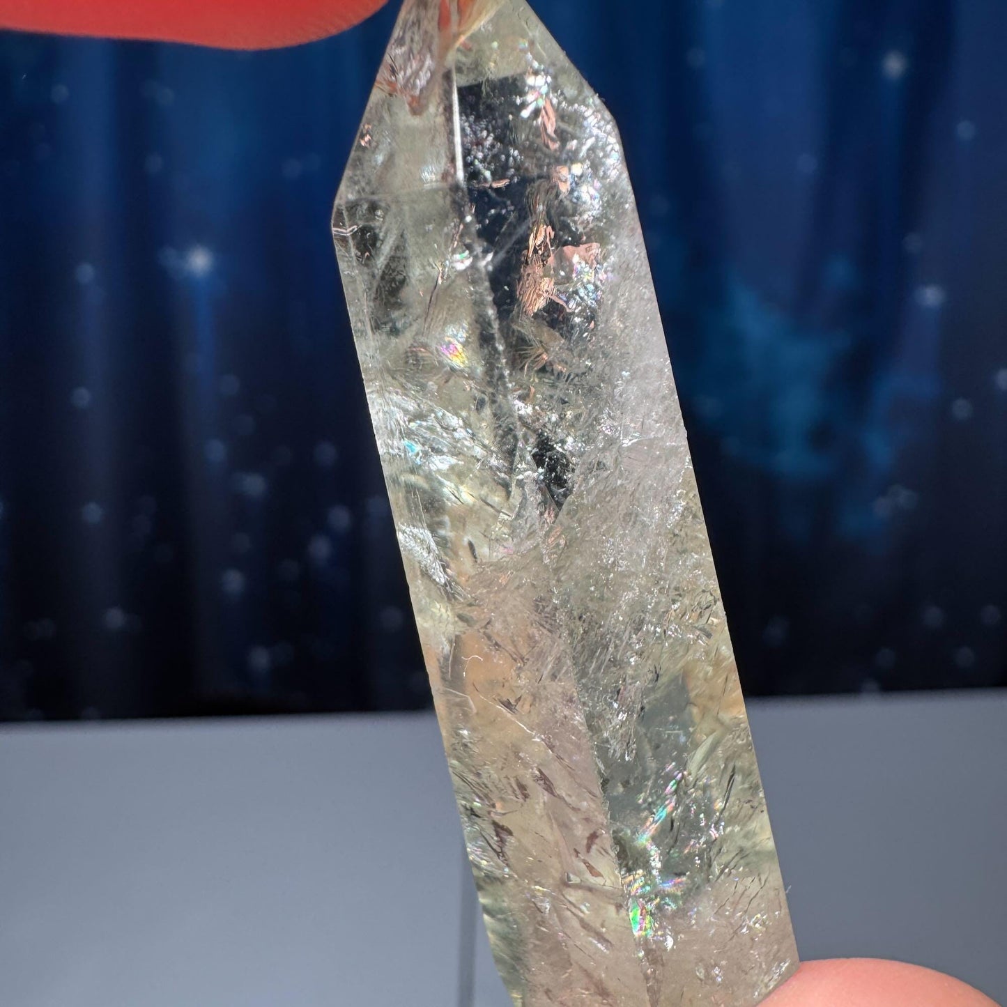 Prasiolite mini point | 2 1/8” tall | 25 grams | with rainbows | heat-treated Amethyst | Damage Discount