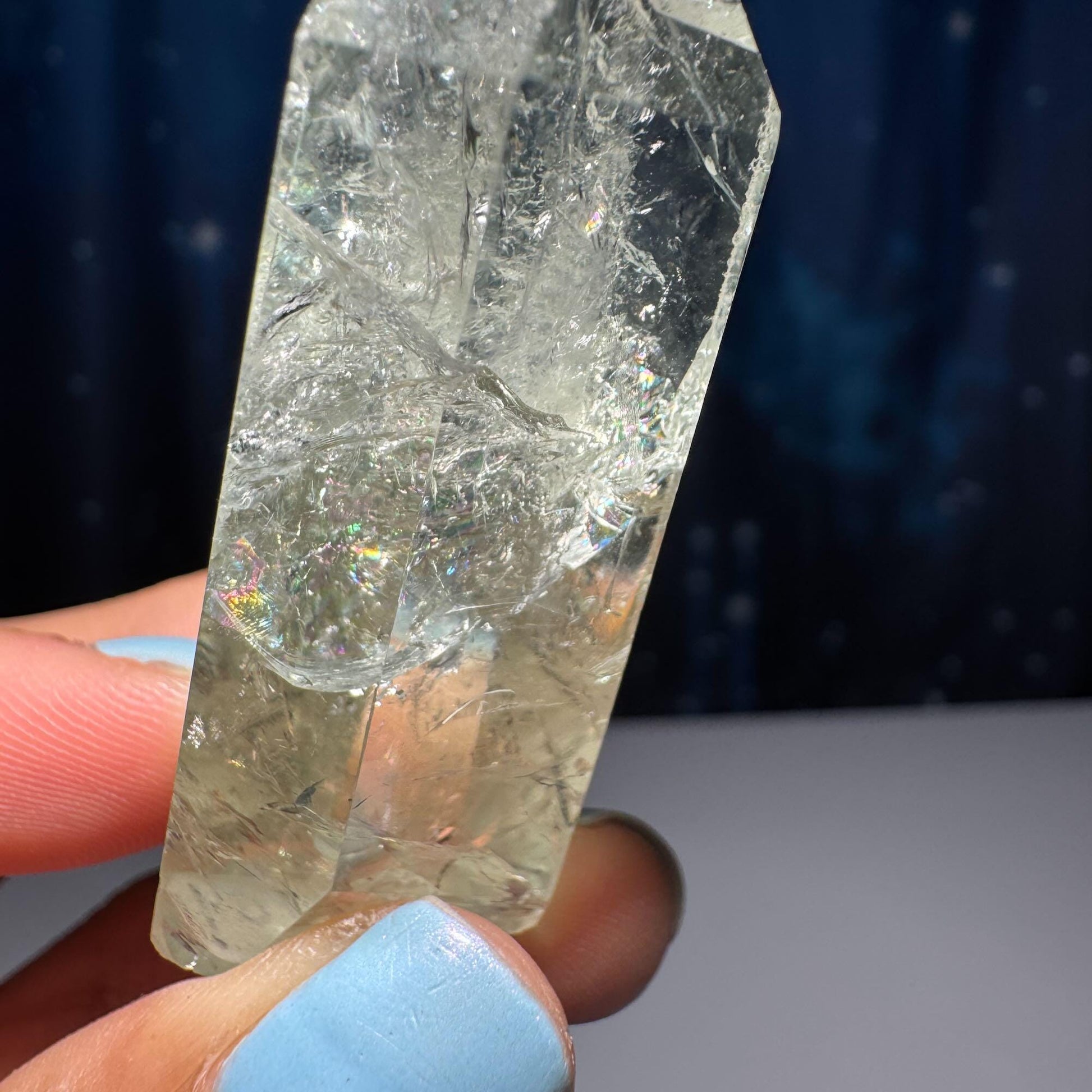 Prasiolite mini point | 2 1/8” tall | 25 grams | with rainbows | heat-treated Amethyst | Damage Discount
