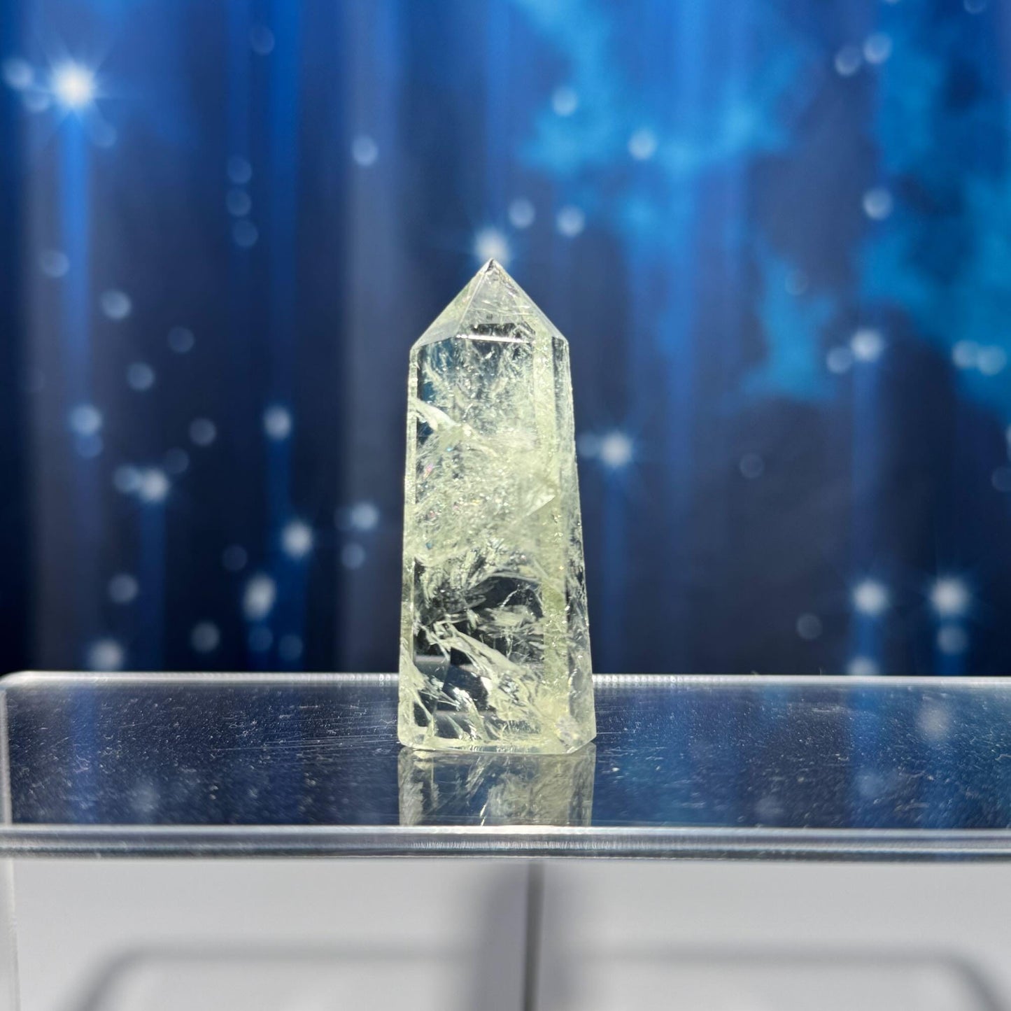 Prasiolite mini point | 2 1/8” tall | 25 grams | with rainbows | heat-treated Amethyst | Damage Discount